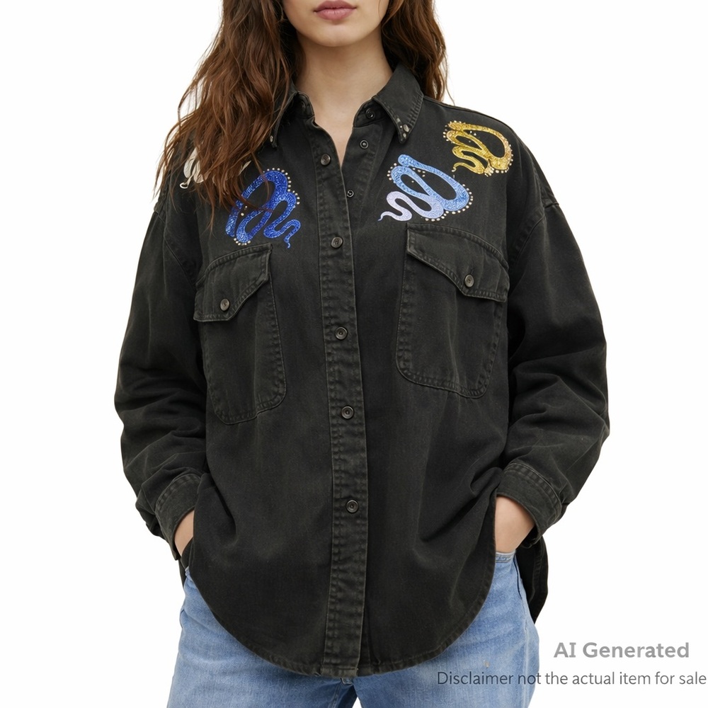 22nd Terrace M Black Oversized Denim Shirt Rhinestone Embroidery Y2K